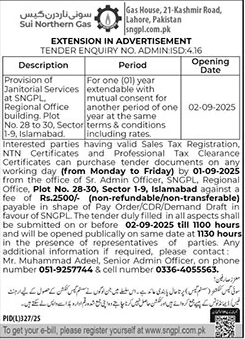 Sui Northern Gas Lahore Tender Notice